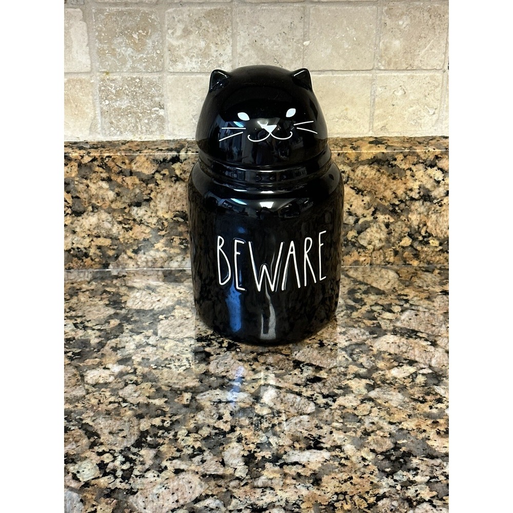Rae Dunn Black BEWARE figural Spooky Cat Halloween Baby canister Cookie Jar NEW - Picture 3 of 3